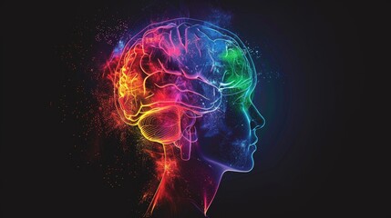 An artistic representation of a human profile with a vibrant display of neural activity in the brain, symbolizing thought, intelligence, and cognitive processes.