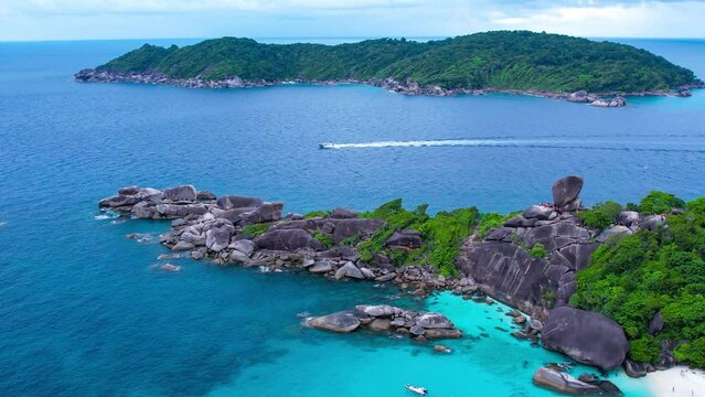 Aerial view of the Similan Islands, Andaman Sea, natural blue waters, tropical sea of Thailand. the beautiful scenery of the island is impressive