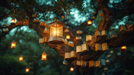 In a surreal and poetic scene, an old tree comes to life with glowing lanterns and books that defy gravity, suspended in the air amidst a backdrop of twilight magic.