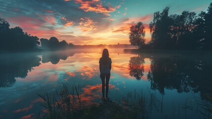 In a tranquil moment, a woman stands alone at the edge of a lake, watching the sky ablaze with sunset colors reflecting on the still water. - obrazy, fototapety, plakaty