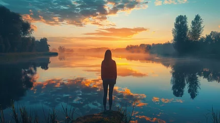 Fotobehang In a tranquil moment, a woman stands alone at the edge of a lake, watching the sky ablaze with sunset colors reflecting on the still water. © Riz
