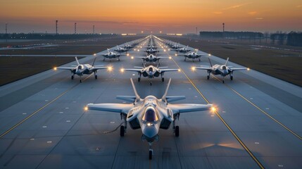 Row of Fighter Jets on Airport Runway - obrazy, fototapety, plakaty