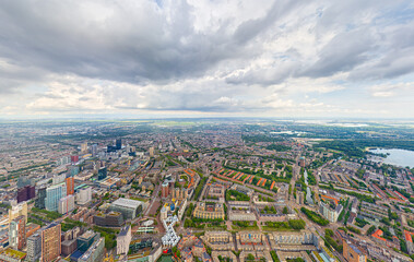 Rotterdam, Netherlands. Panorama of the summer city in rainy weather. Clouds. Aerial view