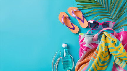 A top view of a colorful beach bag filled with summer essentials like a beach towel, sunglasses, flip - flops, and a water bottle, arranged on a bright blue background - obrazy, fototapety, plakaty