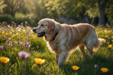 Glücklicher Golden Retriever tollt auf sonniger Frühlingswiese mit bunten Blumen