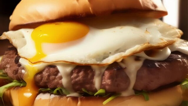 A closeup shot reveals a mouthwatering hamburger, featuring a succulent beef patty cooked to perfection, topped with a sunnysideup fried egg, melted Monterey Jack cheese, and a drizzle of