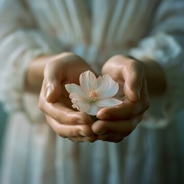 A close-up image focusing on a pair of hands carefully cradling a fragile white flower, embodying themes of care, nurture, and the delicate balance of nature.