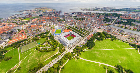 Copenhagen, Denmark. Panorama of the city in summer. Cloudy weather. Aerial view