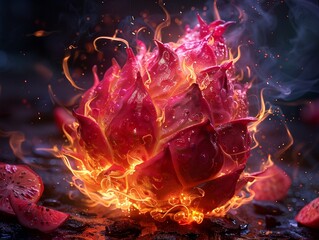 Dragonfruit that breathes fire when ripe igniting the night with bursts of flame , super detailed - obrazy, fototapety, plakaty
