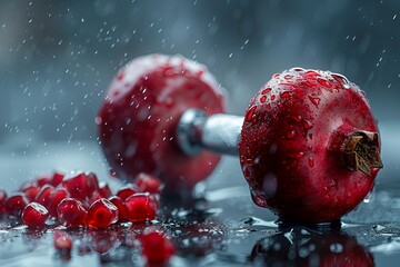 Dumbbells filled with grains of pomegranate weighing the strength of perseverance , 8K - obrazy, fototapety, plakaty