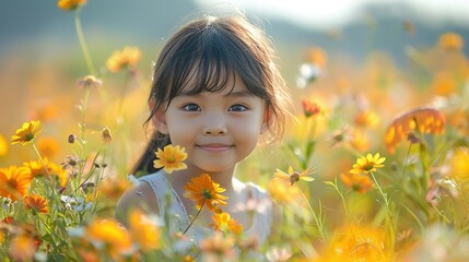 Beauty asian child girl flowers in the field flowers on a sunny summer day.