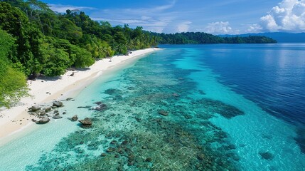 Top view of white sandy beach with clear blue water