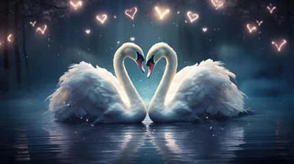 Badkamer foto achterwand Serene embrace: two swans in love, a graceful display of adoration and unity in the swanst's affectionate bond, a symbol of tranquility and everlasting companionship in the natural world. © Ruslan Batiuk