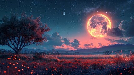 Fototapeta na wymiar Night Scene With Full Moon in Sky
