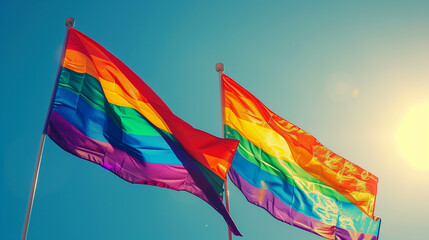 Two rainbow flags sway gracefully in the breeze against a backdrop of a clear blue sky, symbolizing unity, love, and pride