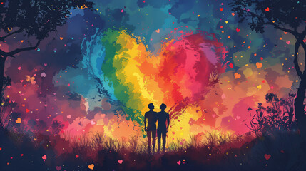 Two individuals symbolizing love and unity, standing proudly in front of a heart, surrounded by the colors of the rainbow flag - obrazy, fototapety, plakaty