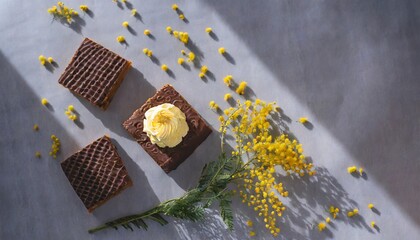 ミモザの花とおいしそうなチョコレートケーキ
