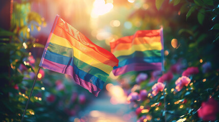 A vibrant rainbow flag gracefully flutters in the air, representing pride and unity - obrazy, fototapety, plakaty