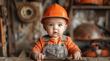 Young Child Wearing Hard Hat And Overalls - Powered by Adobe