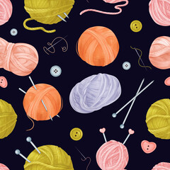 A seamless crafting-themed pattern featuring yarn skeins, colorful buttons, sewing needles with threads, and knitting needles against a dark background. watercolor illustration for textile designs