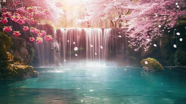 Magical tranquil landscape waterfall grotto butterflies sakura tree pink blossoms petals relaxing sunny day Beautiful fantasy nature design for OBS live stream overlays animated seamless loop 4k video