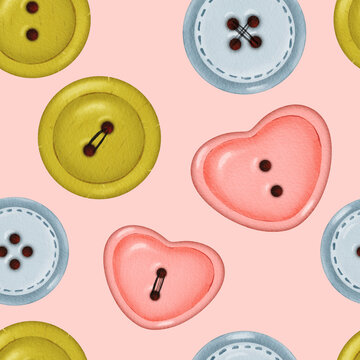Seamless pattern of buttons in various colors on a light pink background. Buttons of different shapes and shades create a unique design. for decorative projects, cards, gift wrapping, and fabric items