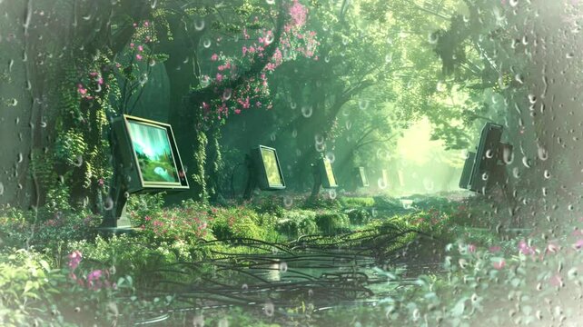 Computers integrated into a spring forest, harmonizing with the environment, seamless looping background animation, anime style, for vtuber / streamer backdrop