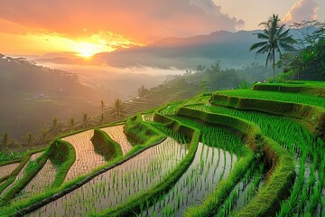 Green Rice fields on terraced during sunrise - obrazy, fototapety, plakaty