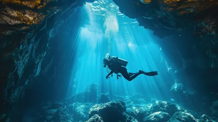 Fotobehang Underwater divers explore caves and blue water landscapes with sun rays © meta