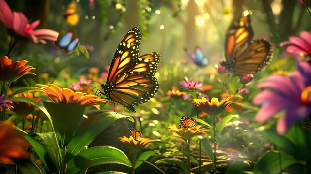 Fluttering butterflies bring the garden to life, drawn by the blooming flowers, seamless looping background animation, anime style, for vtuber / streamer backdrop