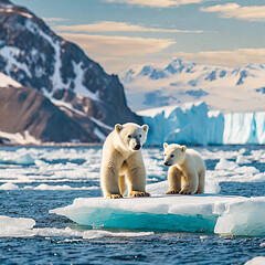 북극바다를 떠 다니는 작은 빙판 위에 서 있는 북극곰 새끼, 조각난 수 많은 빙판들이 바닷가를 떠 다닌다, 뒷 배경에 거대한 빙하가 무너지고 있다 - obrazy, fototapety, plakaty