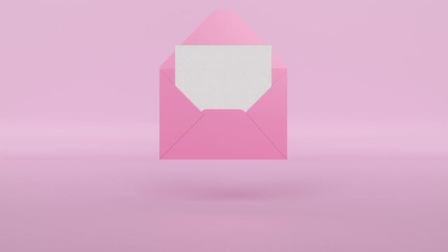 A 3d pink paper envelope is opened and a white sheet of paper appears on a pink background. Opening of envelope. Paper reveal, invitation, letter or card. Concept of mail, wedding greeting. Copy space
