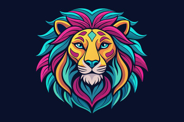 a hippy lion head, , print ready vector t-shirt design, sticker dark black background, professional vector, high detail, t-shirt design, graffiti, vibrant, Use only all shades of magenta, teal blue, l