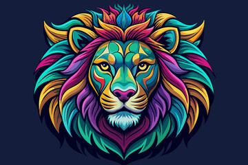 a hippy lion head, , print ready vector t-shirt design, sticker dark black background, professional vector, high detail, t-shirt design, graffiti, vibrant, Use only all shades of magenta, teal blue, l