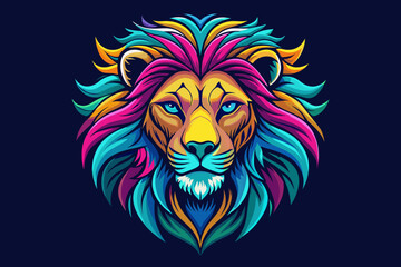 a hippy lion head, , print ready vector t-shirt design, sticker dark black background, professional vector, high detail, t-shirt design, graffiti, vibrant, Use only all shades of magenta, teal blue, l