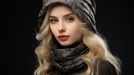 Blonde Woman in Gray Hat and Scarf