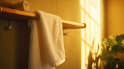 a towel hanging in the bathroom