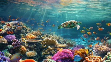 Poster A sea turtle glides through the clear blue waters of a coral reef teeming with colorful marine life and diverse coral formations. Resplendent. © Summit Art Creations