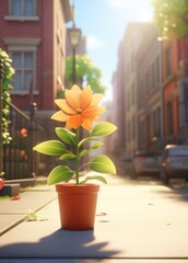 Potted Plant With Yellow Flower on Sidewalk