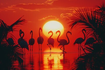 The Silhouette of Flamingos at Dusk