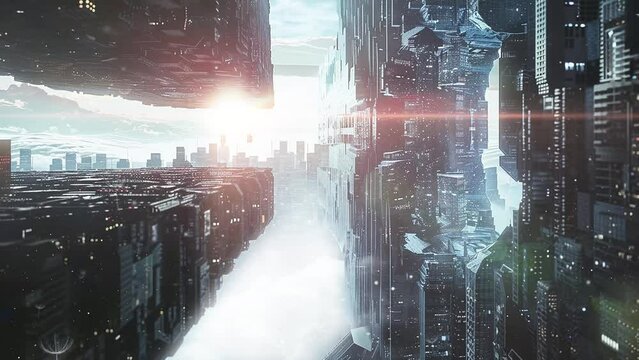multidimensional cityscape encounter ancient alien. seamless looping overlay 4k virtual video animation background