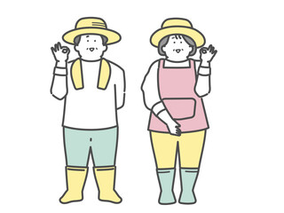 農家で働く笑顔な高齢夫婦　OKポーズ