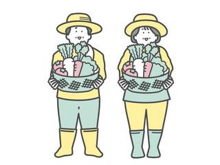 野菜を収穫した高齢夫婦　農家　イラスト