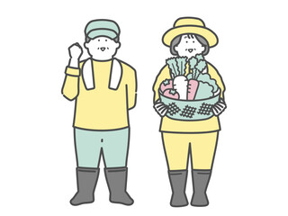 野菜を収穫した高齢夫婦　農家　イラスト
