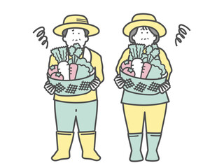野菜を収穫した高齢夫婦　農家　不安　イラスト