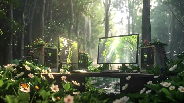 A spring forest where computers blend seamlessly into the natural surroundings, seamless looping background animation, anime style, for vtuber / streamer backdrop