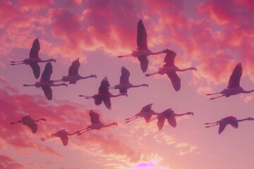 Flamingos Dancing in the Sky - obrazy, fototapety, plakaty