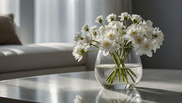 Tranquil scene with white flowers in transparent vase illuminated by sunlight, reflecting on a glass table