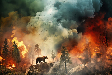 Fototapeta na wymiar A bear bravely progresses through a forest consumed by flames, highlighting the dire impact of a raging fire on wildlife and nature