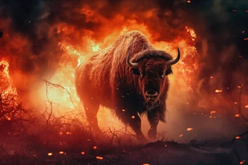 Selbstklebende Fototapeten A bison stands defiantly in front of an ominous sky filled with flames from a raging forest fire © Anoo